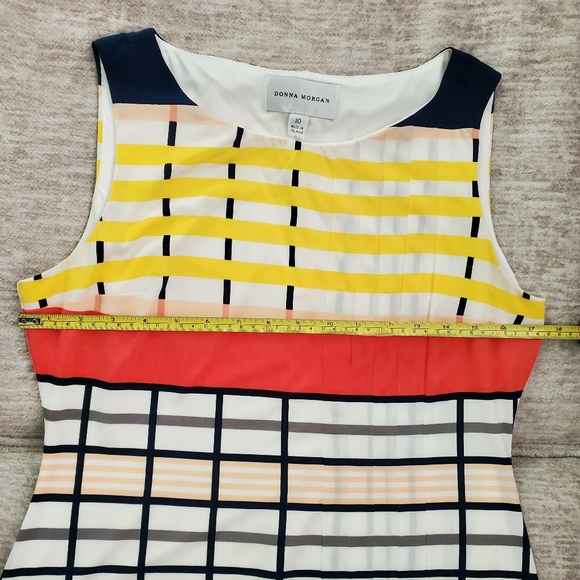Donna Morgan Colorful Striped, Side Pleated Sleeveless Dress - Picture 7 of 7